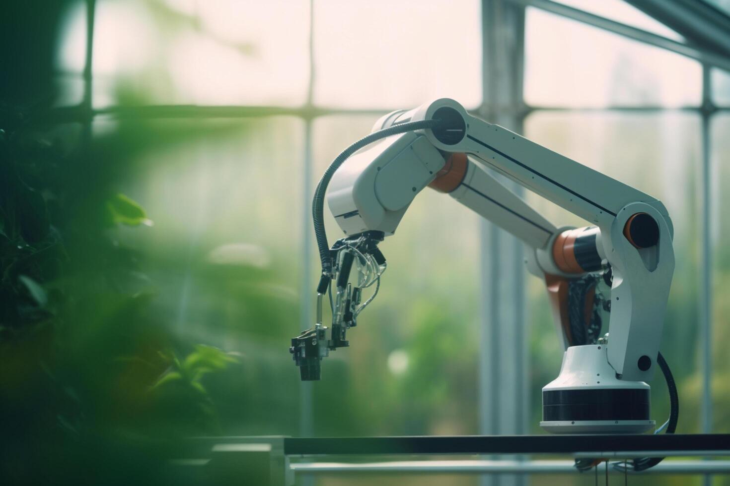 futurista estufa trabalhadores robôs às jogar ai gerado foto