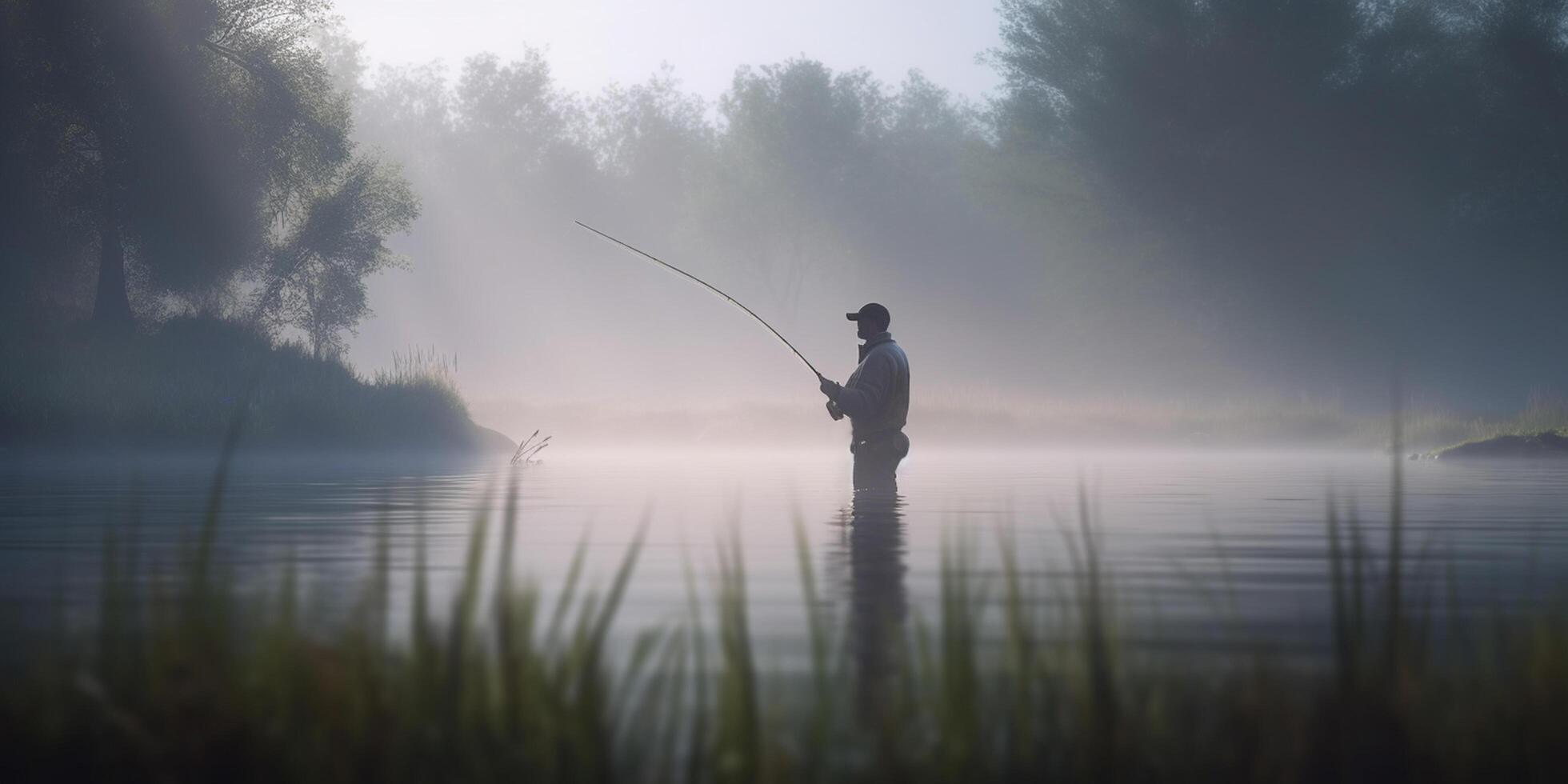 pescaria às alvorecer pescador dentro a enevoado lago com pescaria Cajado ai gerado foto