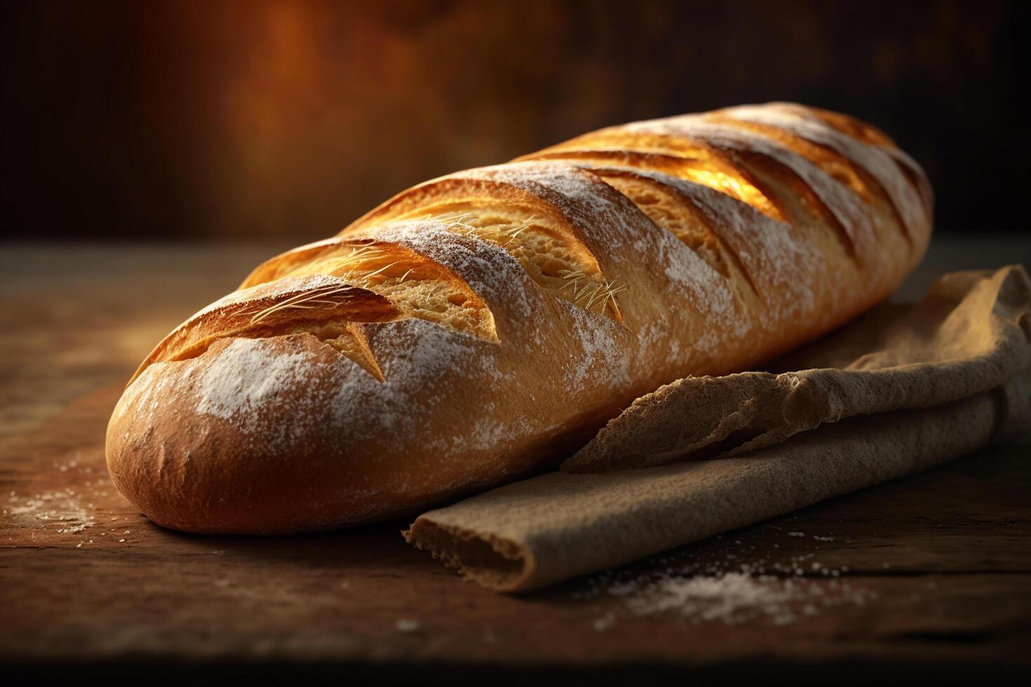 saciar dentro a crocantes e delicioso francês baguete dentro uma rústico configuração ai gerado foto