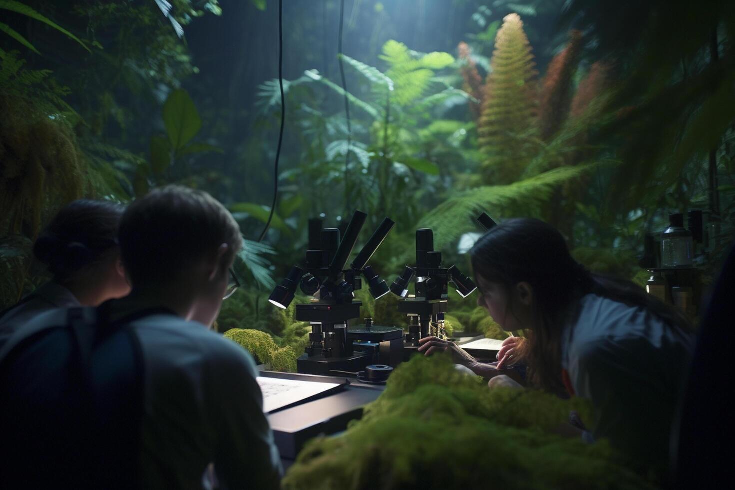 jovem cientistas conduzindo pesquisa dentro uma verde selva laboratório no meio exuberante folhagem ai gerado foto