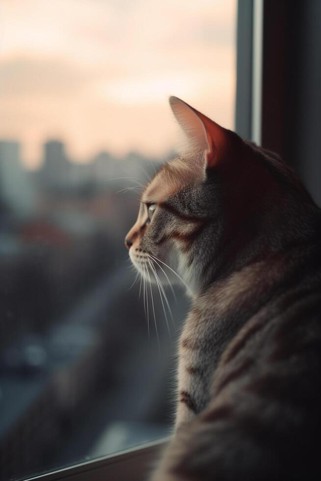 cidade gato olhando Fora janela às arranha-céus ai gerado foto