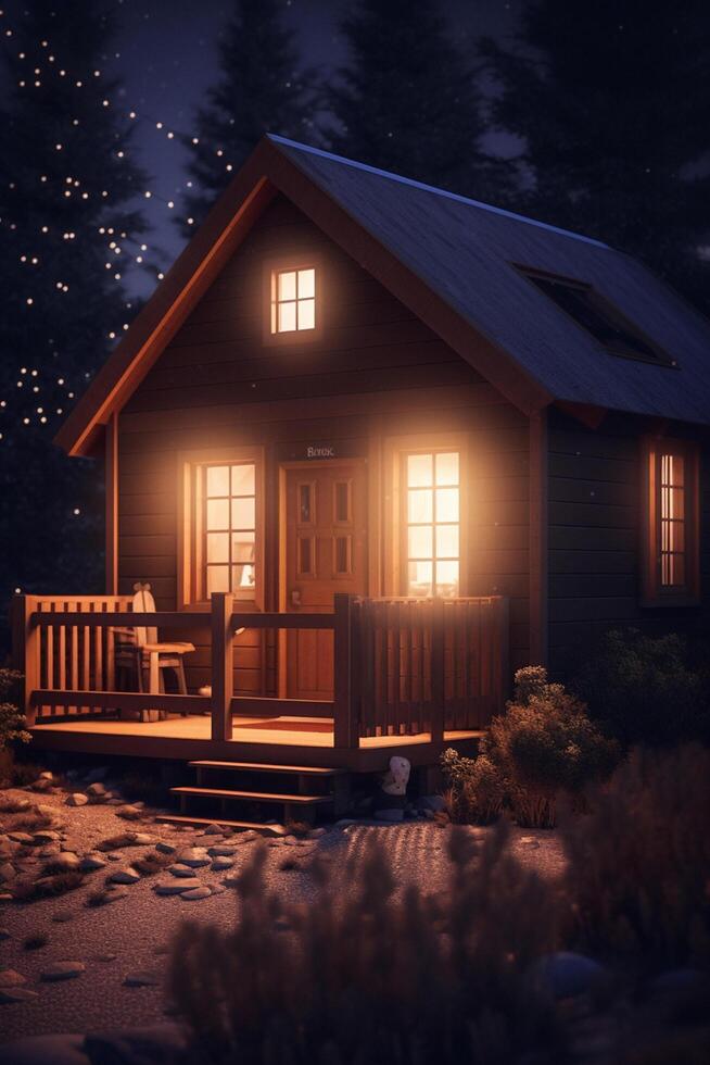 encantador período noturno Visão do uma acolhedor de madeira cabine dentro a montanhas ai gerado foto