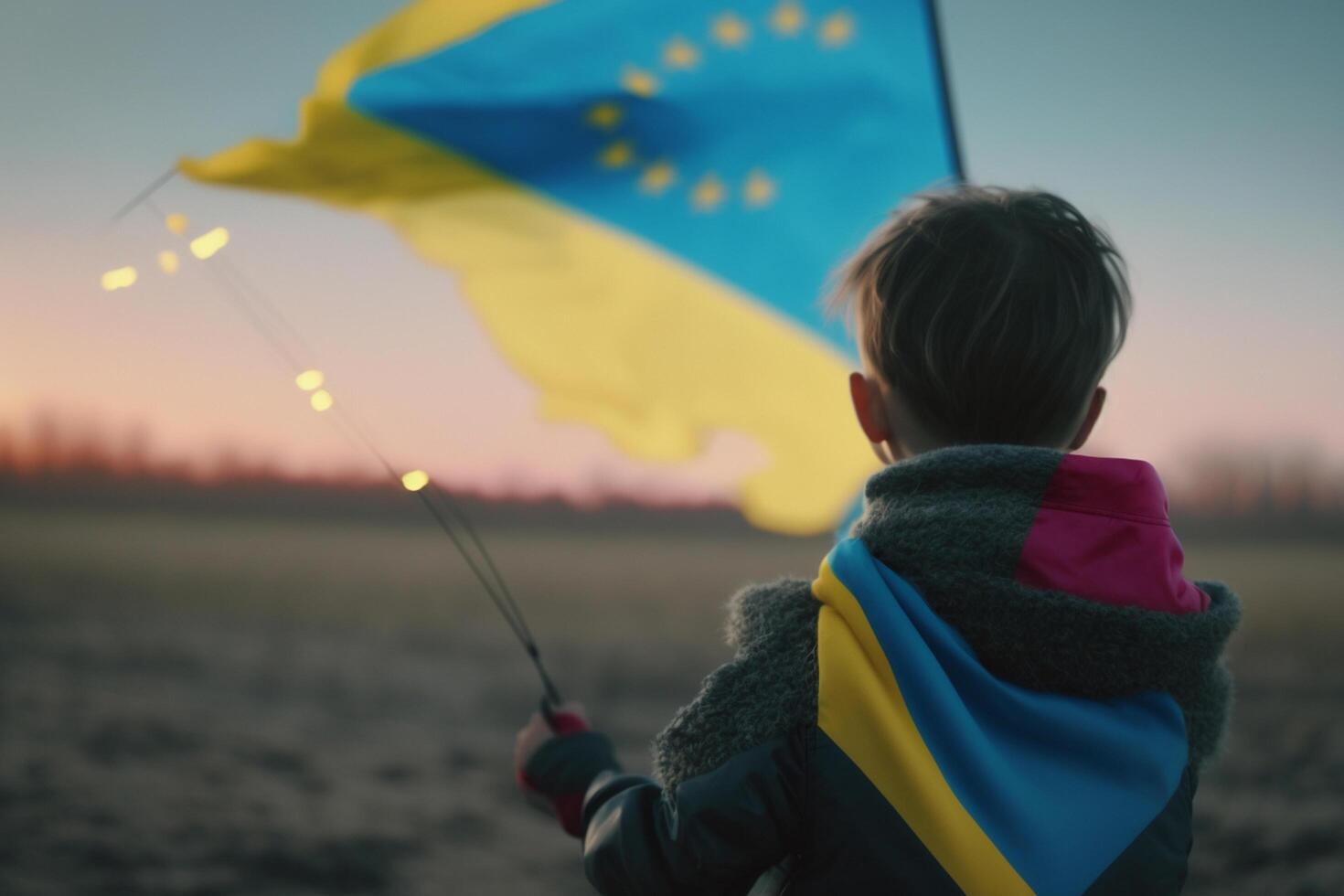 vôo liberdade uma Garoto vôo uma ucraniano bandeira pipa, simbolizando liberdade e unidade ai gerado foto