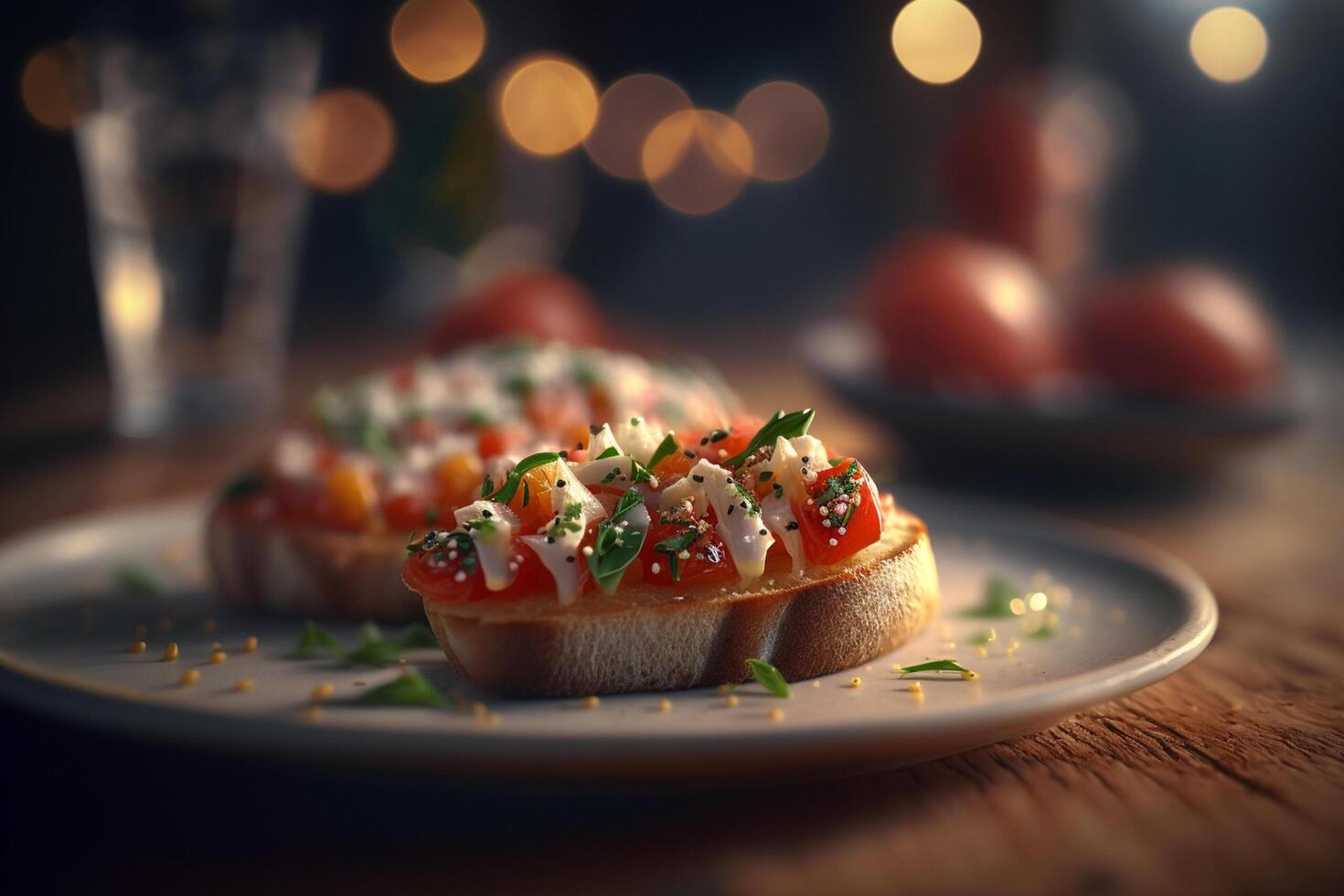 autêntico italiano Brusqueta em rústico pão com tomates e manjericão ai gerado foto