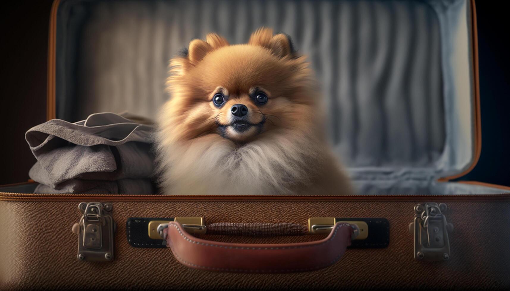 pronto para a viagem adorável pomerânia cachorro sentado dentro uma mala de viagem ai gerado foto