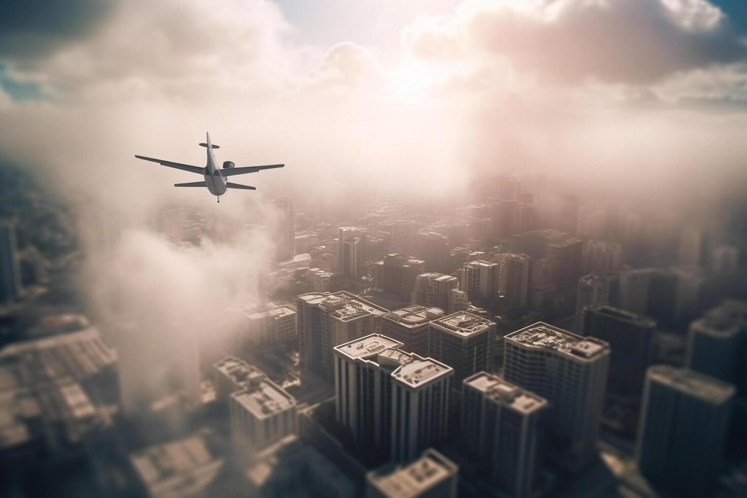vôo Alto avião subindo sobre uma movimentado metrópole ai gerado foto