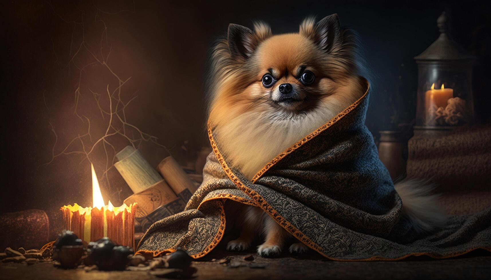 pomerânia cão perfeitamente mimado de a fogo em uma pelúcia cobertor ai gerado foto