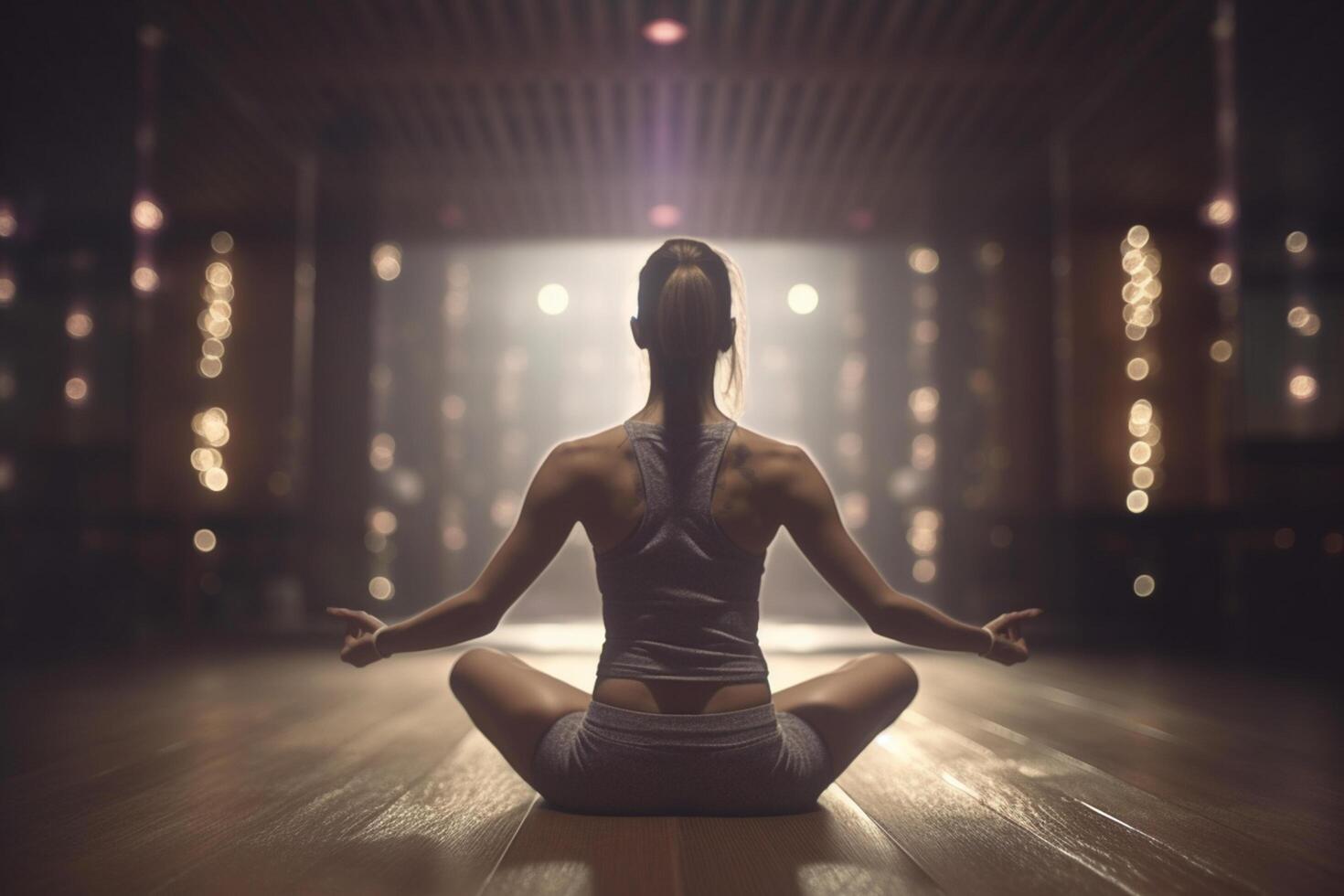 achando Paz dentro mulher meditando dentro de pernas cruzadas ioga pose ai gerado foto