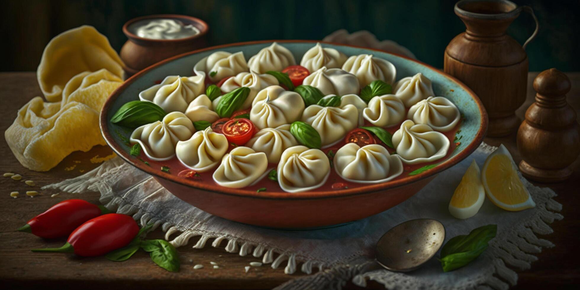 tradicional russo pelmeni dumplings dentro caldo ai gerado foto