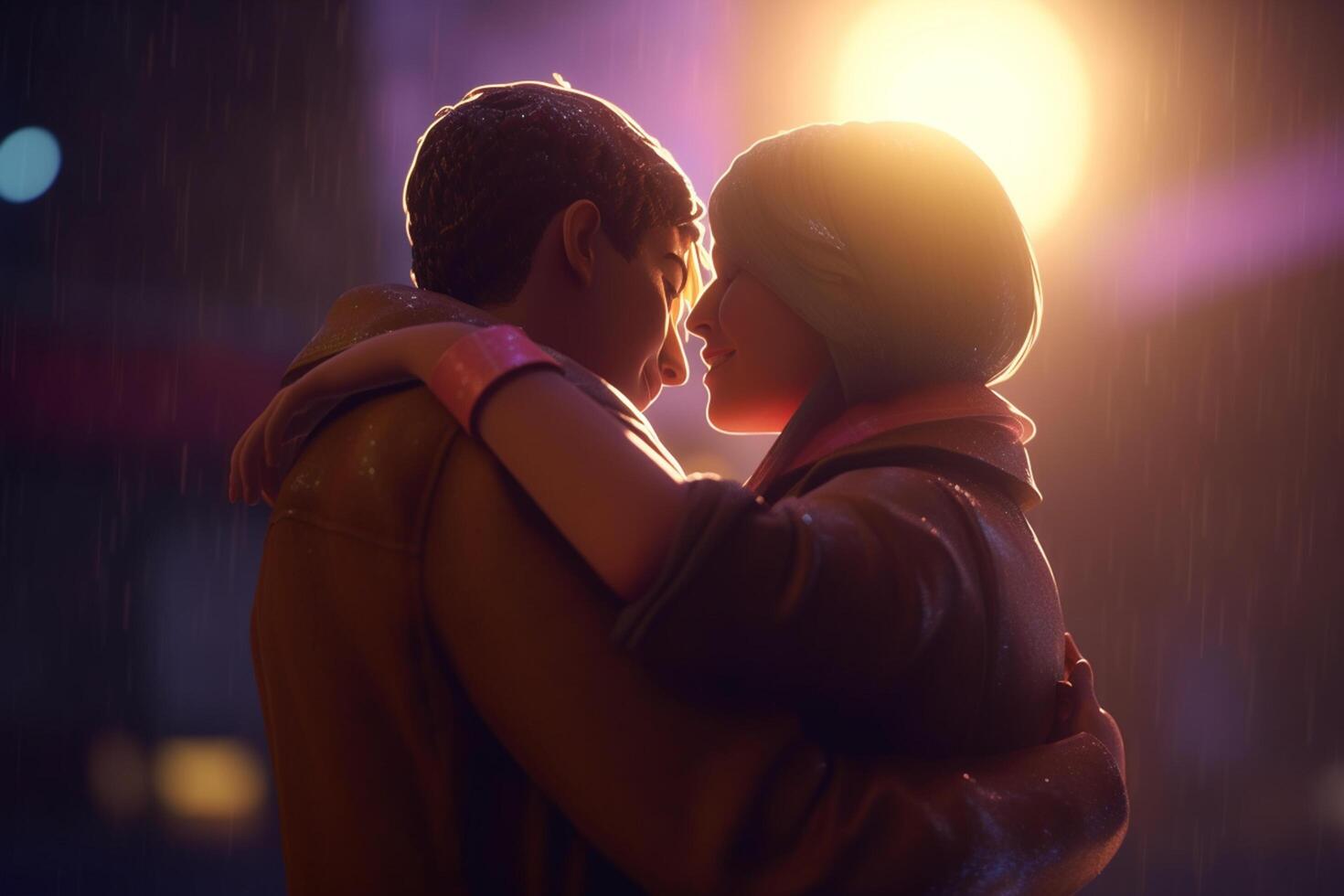 uma romântico noite Fora fotorrealista desenho animado casal abraçando e se beijando debaixo festivo luzes ai gerado foto
