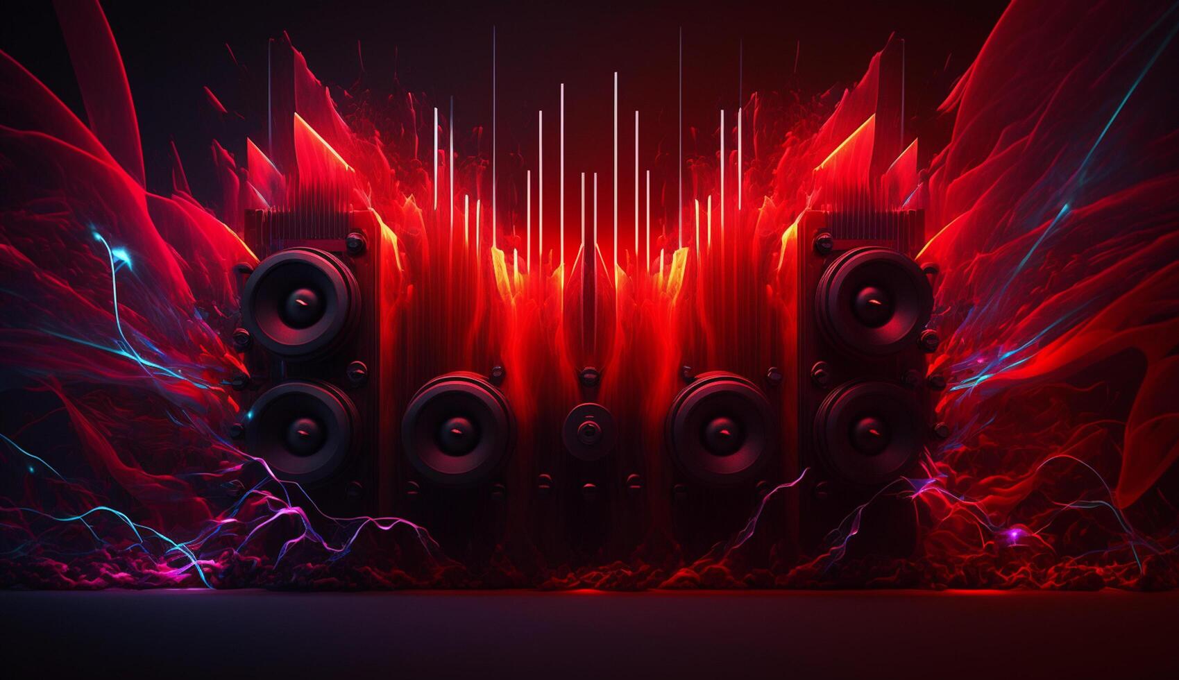 rítmico vermelho frequências e audio caixas de som em Sombrio abstrato fundo ai gerado foto