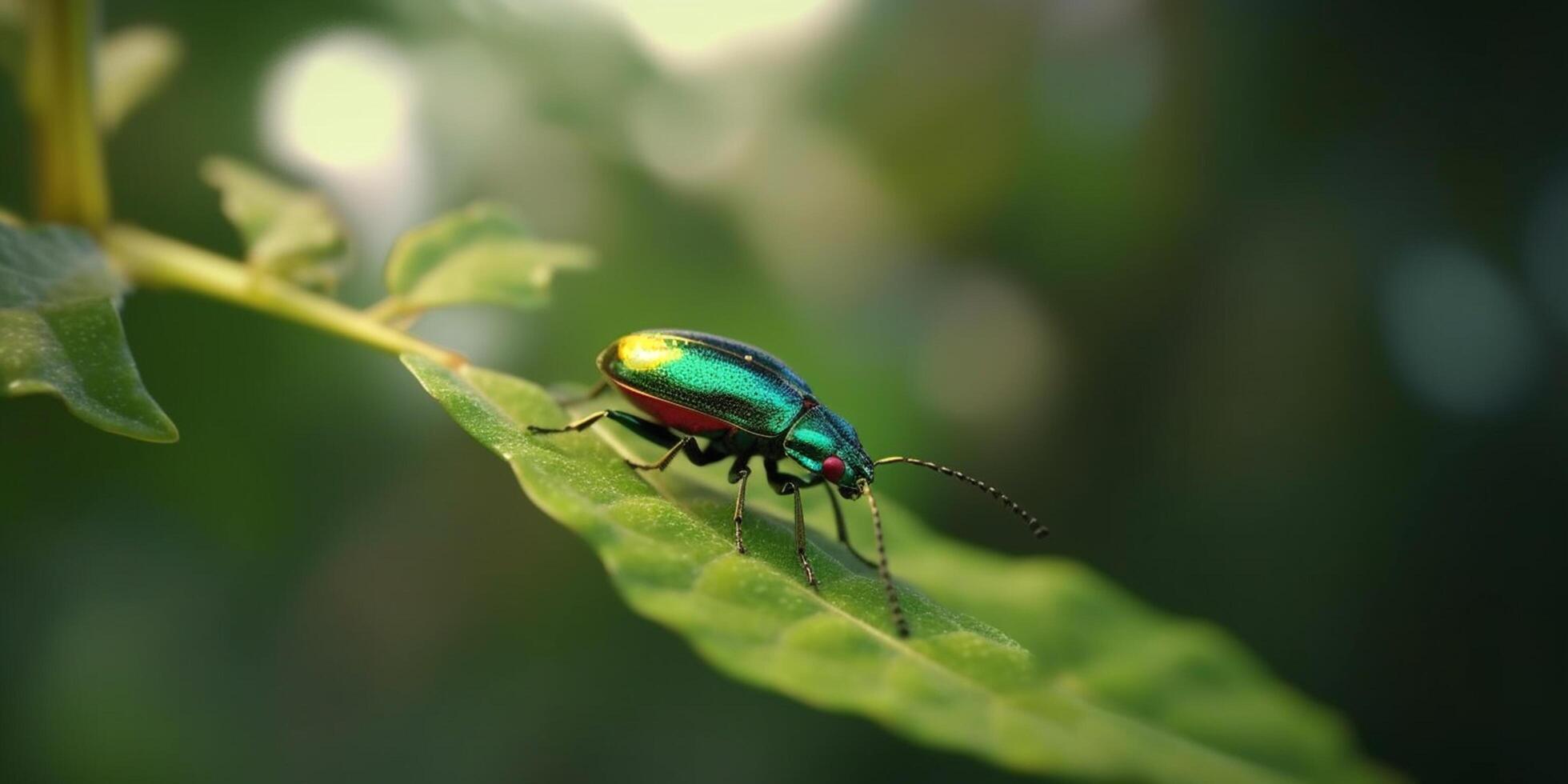 escarlate besouro em uma vibrante verde folha dentro a floresta tropical ai gerado foto