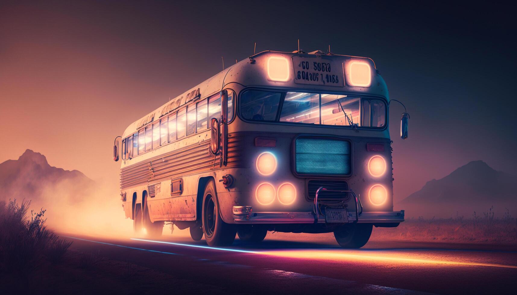 equitação para dentro a noite anos 80 escola ônibus em uma empoeirado néon estrada ai gerado foto