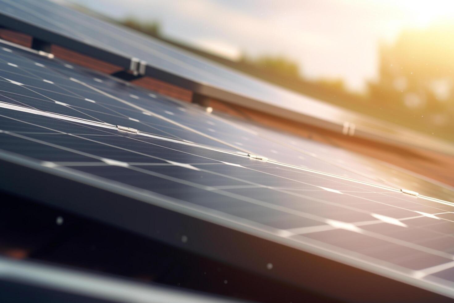 brilhando solar poder solar painel em casa cobertura com Sol reflexão ai gerado foto