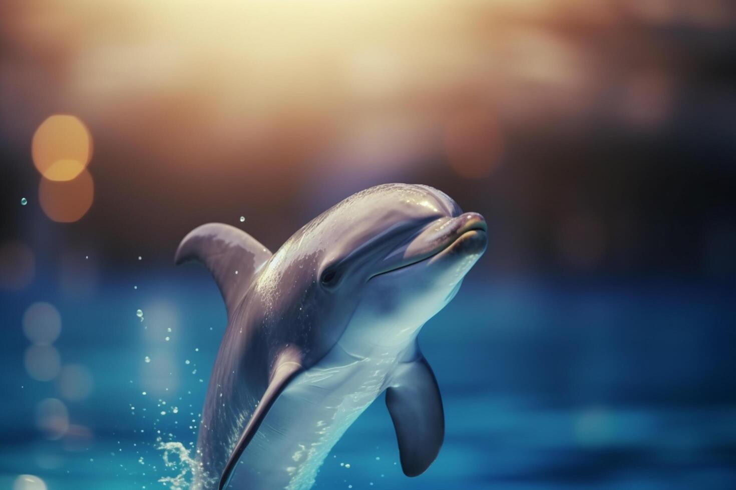 gracioso salto uma golfinho pulando Fora do a água dentro uma respingo do azul ai gerado foto