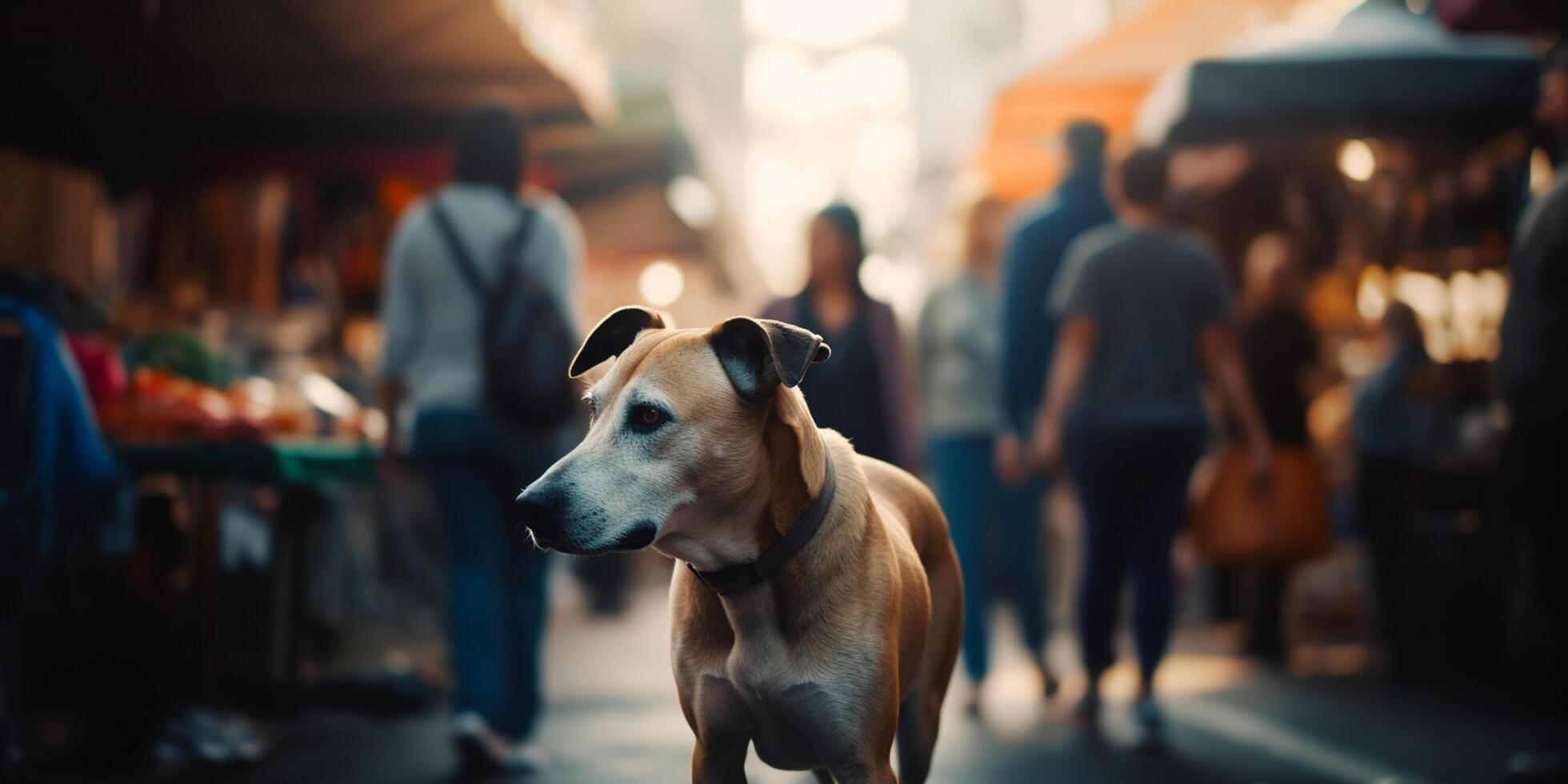 solitário cachorro em uma ocupado mercado procurando para Está proprietário ai gerado foto