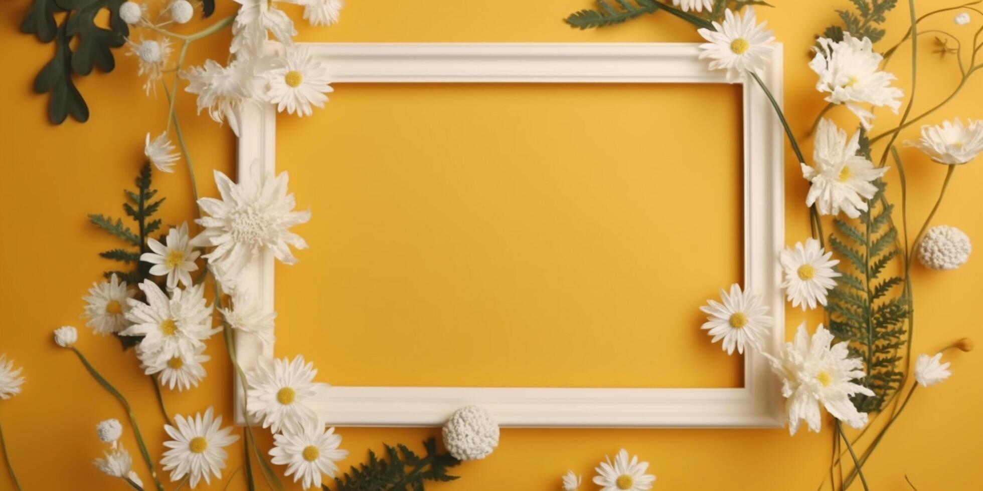 serenidade dentro flor branco flores e esvaziar quadros em amarelo fundo ai gerado foto