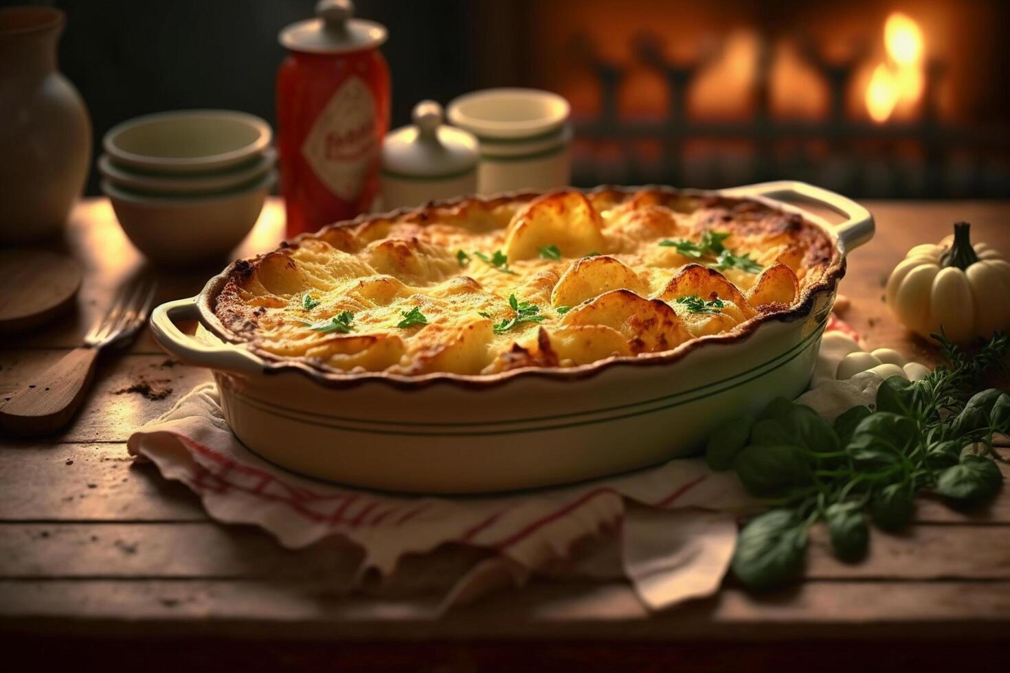 cremoso e delicioso gratinado dauphinois - uma clássico francês batata prato ai gerado foto