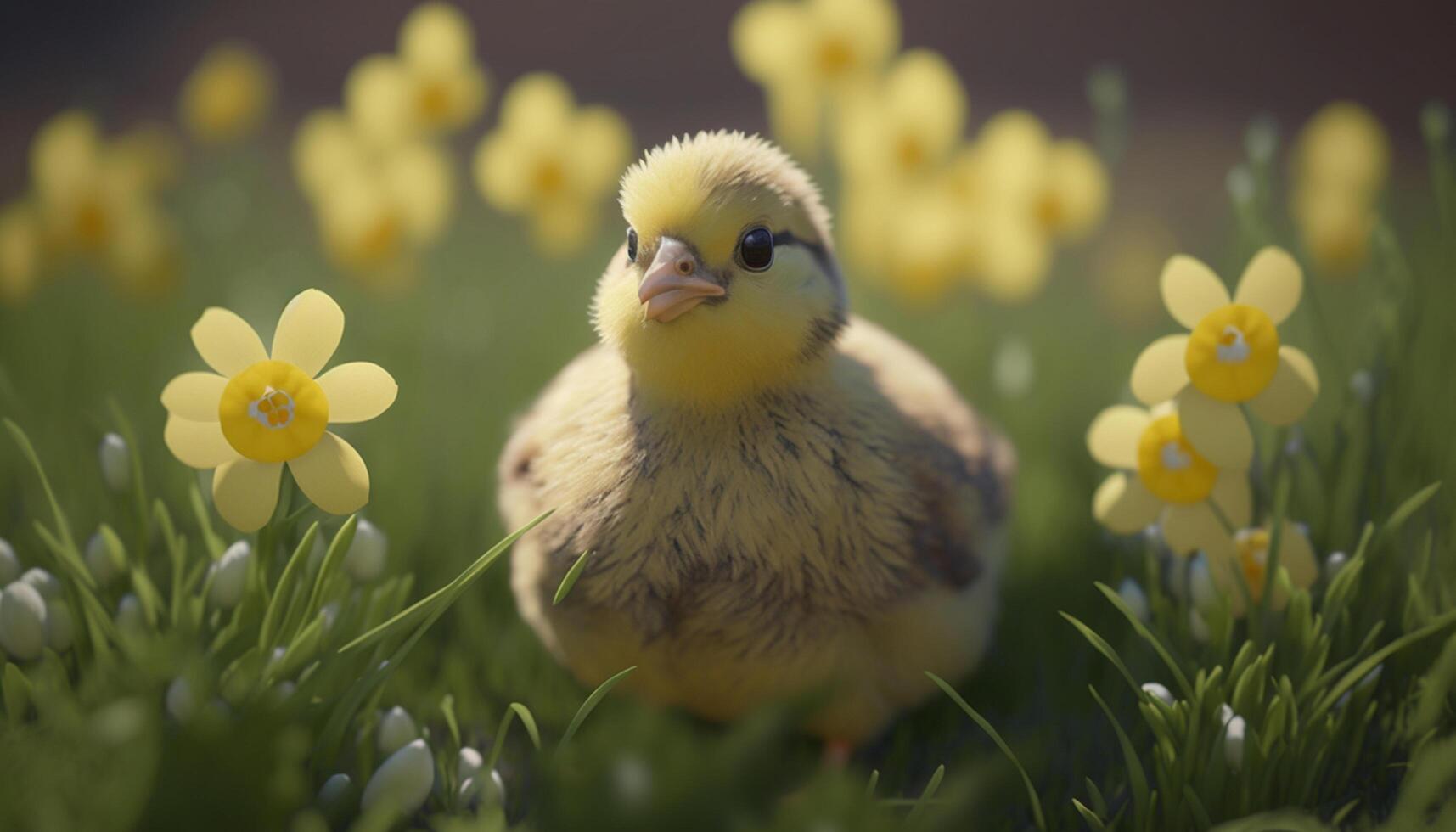 adorável jovem pintinho em uma Primavera flor campo ai gerado foto