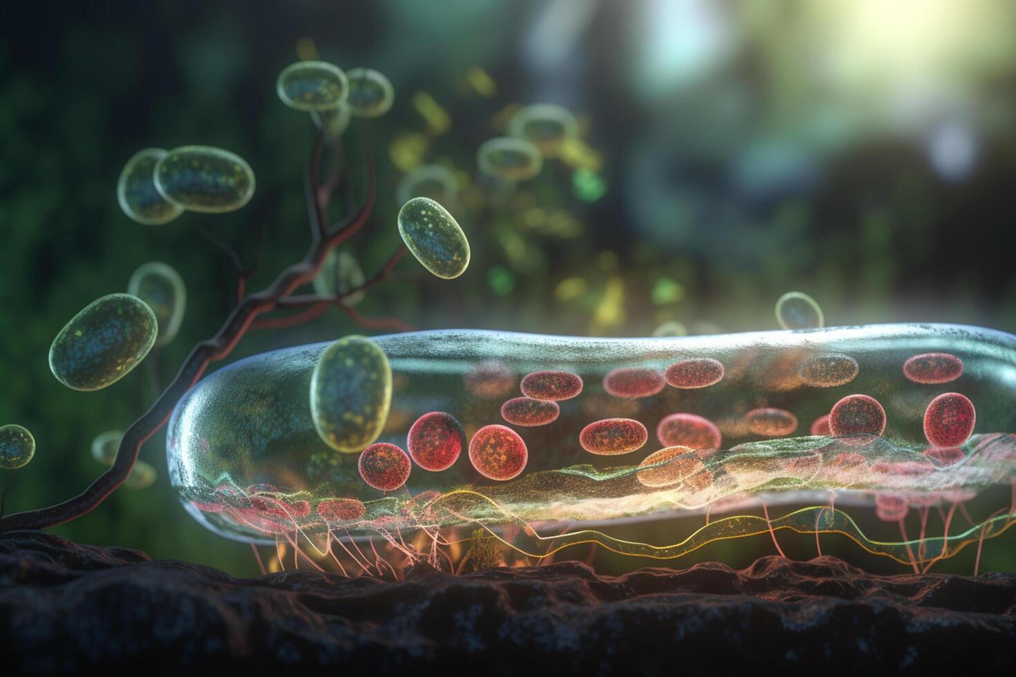 vibrante 3d ilustração do a bioquímico processo do célula respiração com mitocôndria dentro microscópico Visão ai gerado foto