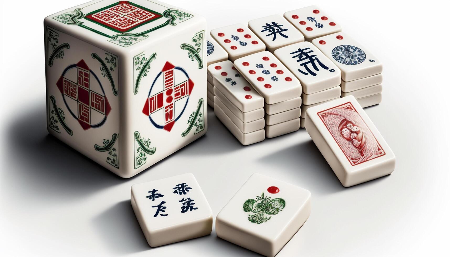 isolado chinês mahjong jogos conjunto em branco fundo com bambu azulejos e dados ai gerado foto