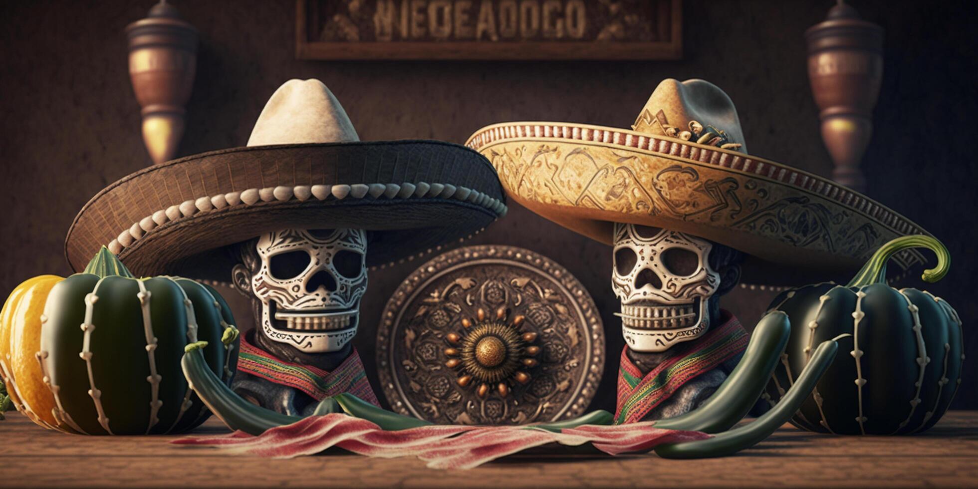 uma cinco de maionese mexicano ainda vida com bokeh, uma mexicano chapéu e cactos ai gerado foto
