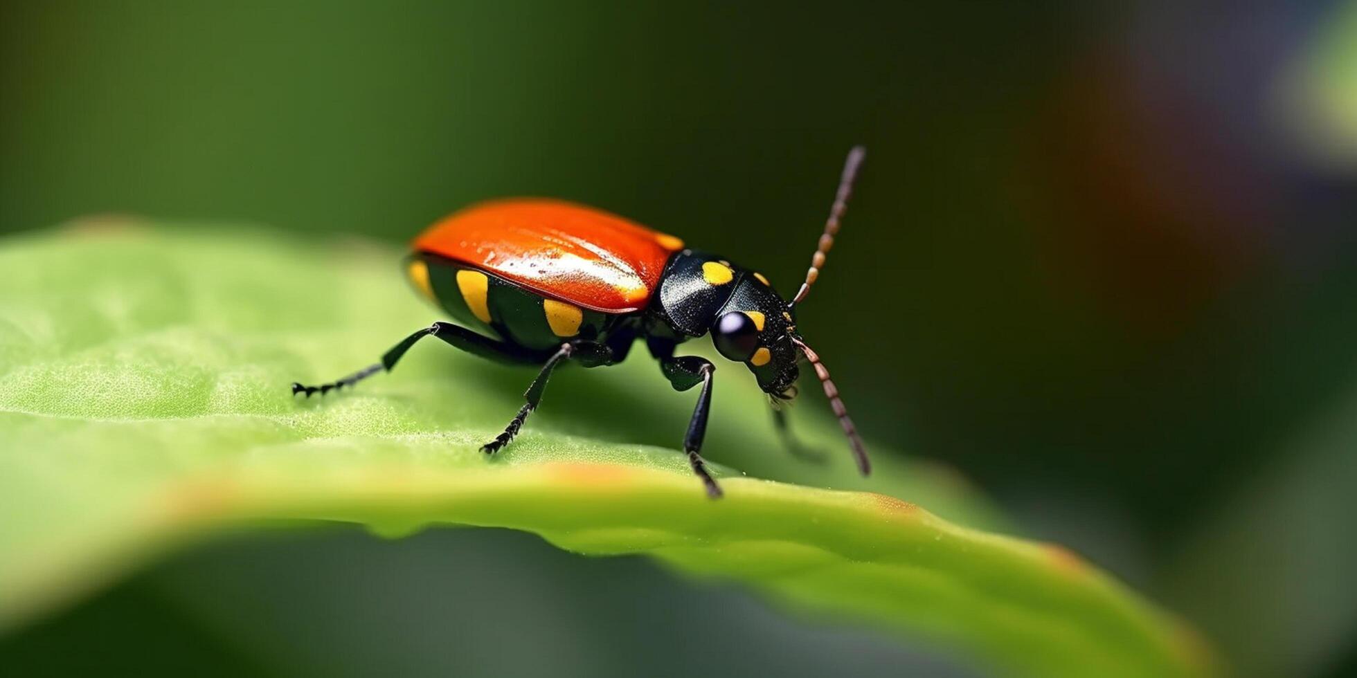 escarlate besouro em uma vibrante verde folha dentro a floresta tropical ai gerado foto