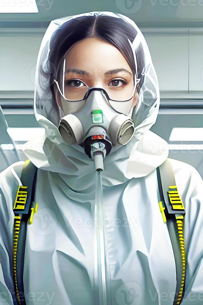 mulher dentro uma hazmat protetora terno e gás mascarar. generativo ai foto