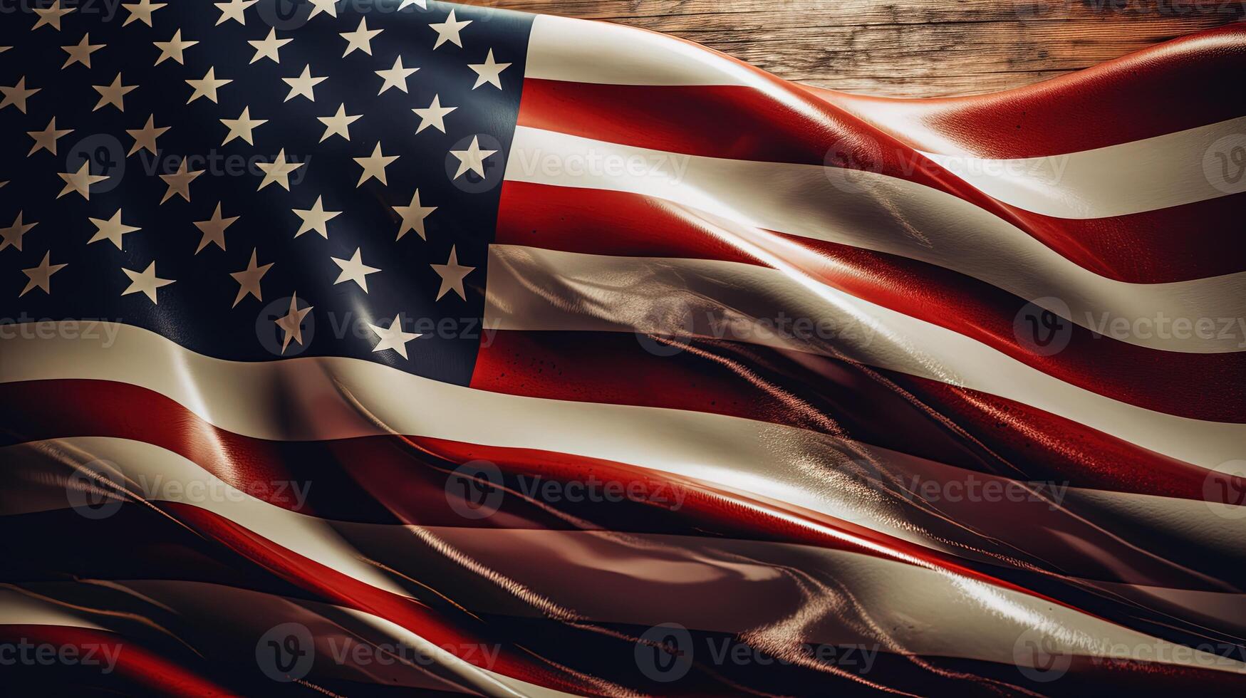 foto tiro do EUA nacional bandeira em de madeira mesa para 4º do julho, memorial dia, veteranos dia, americano independência dia celebração conceito. generativo ai tecnologia.