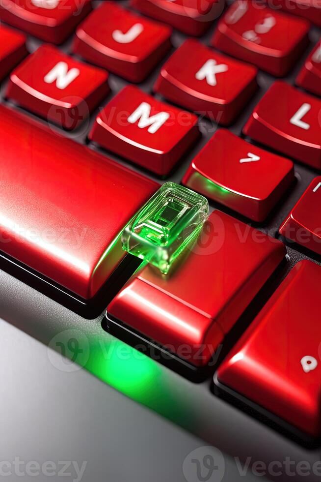 uma iluminação mecânico cartão descansos dentro computador teclado às Sombrio fundo, Alto qualidade tecnologia generativo ai. foto