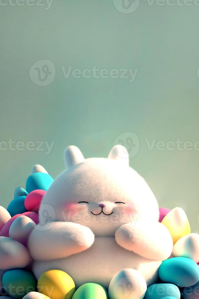 risonho fofa gordo Coelho personagem cercado de pastel cor ovos e cópia de espaço. 3d renderizar, feliz Páscoa dia conceito. foto