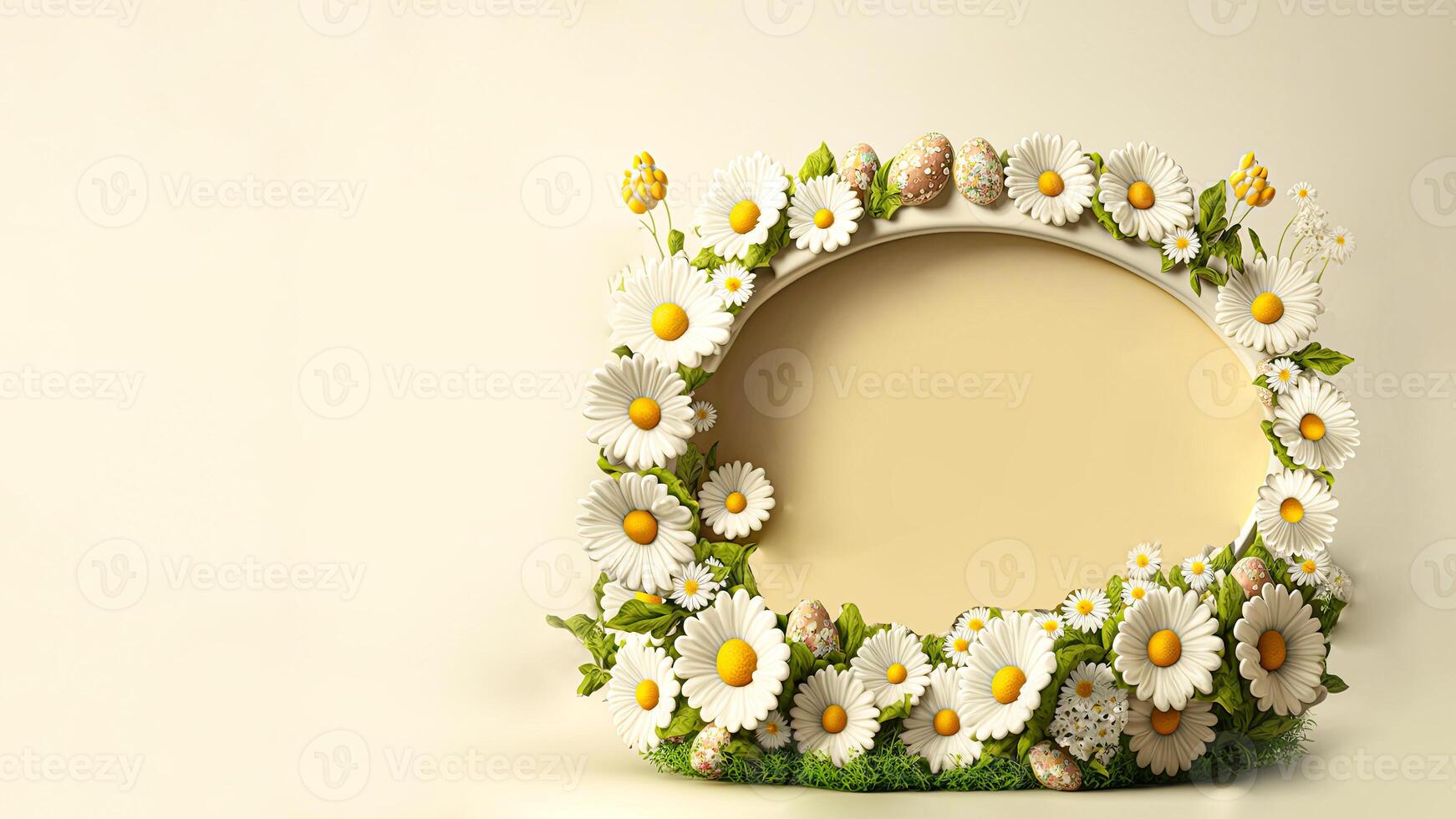 3d render do branco margarida flores, folhas com ovo decorativo oval quadro, Armação contra pastel amarelo fundo e cópia de espaço. foto