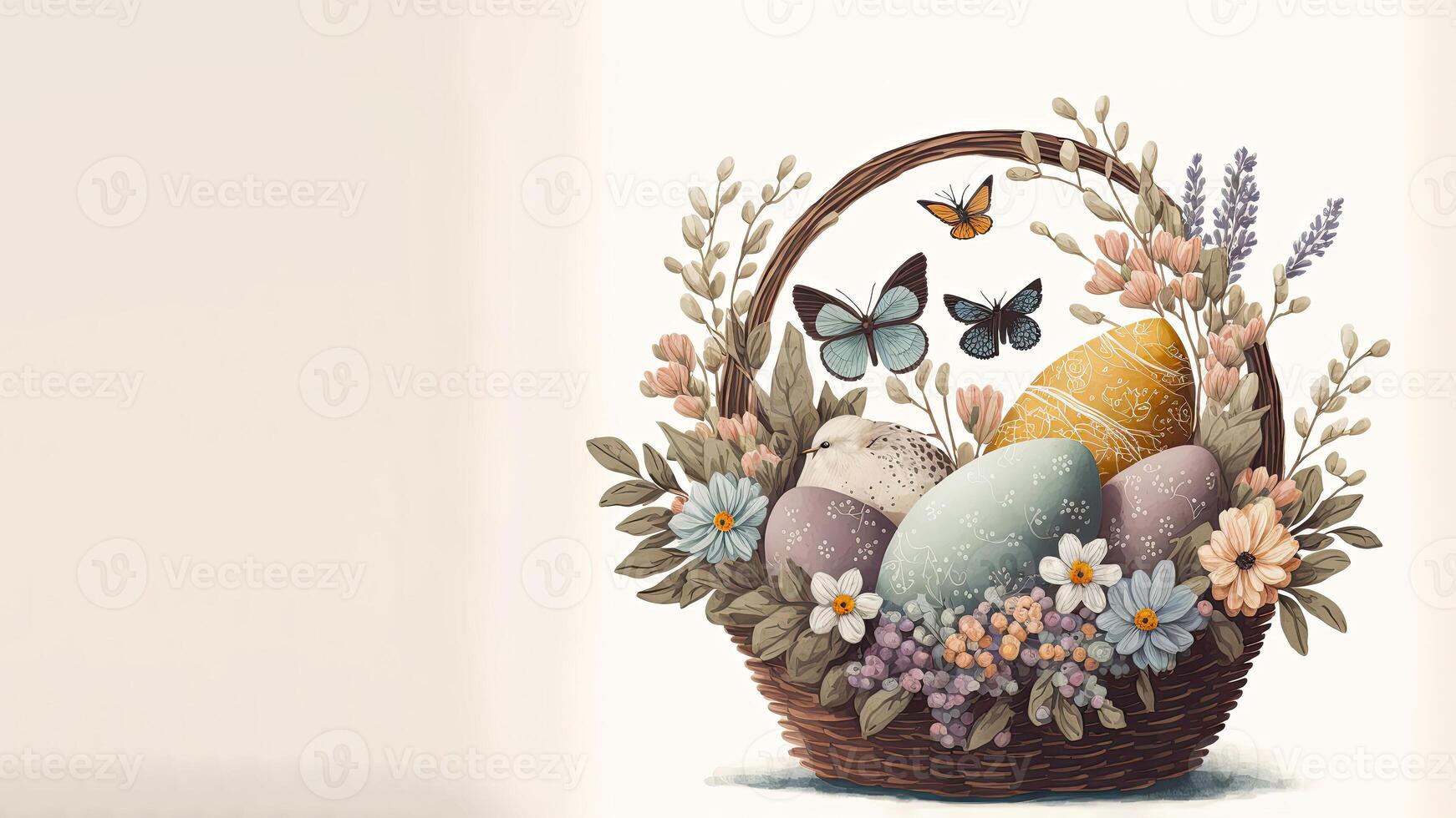 ilustração do borboleta com pássaro personagens com ovo dentro floral cesta contra cósmico café com leite fundo e cópia de espaço. feliz Páscoa dia conceito. foto