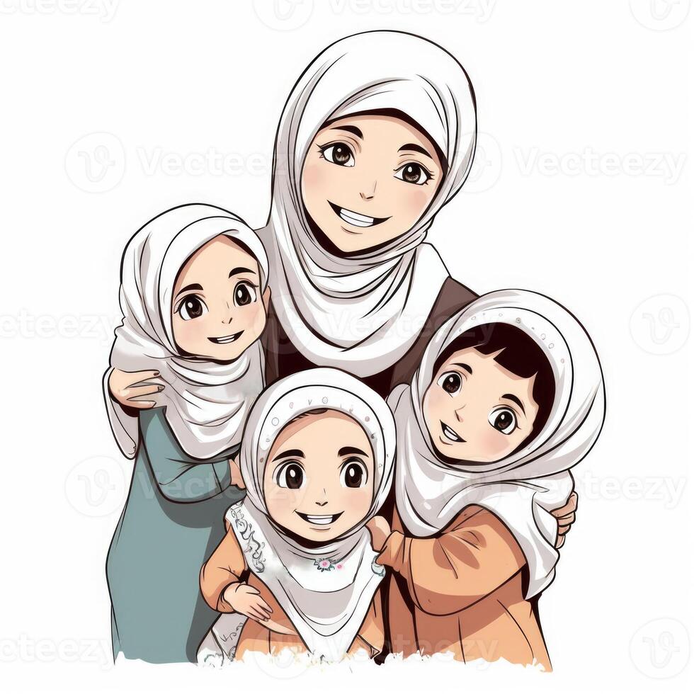adorável desenho animado avatar do muçulmano meninas abraçando e desejando cada outro, eid Mubarak conceito. generativo ai foto