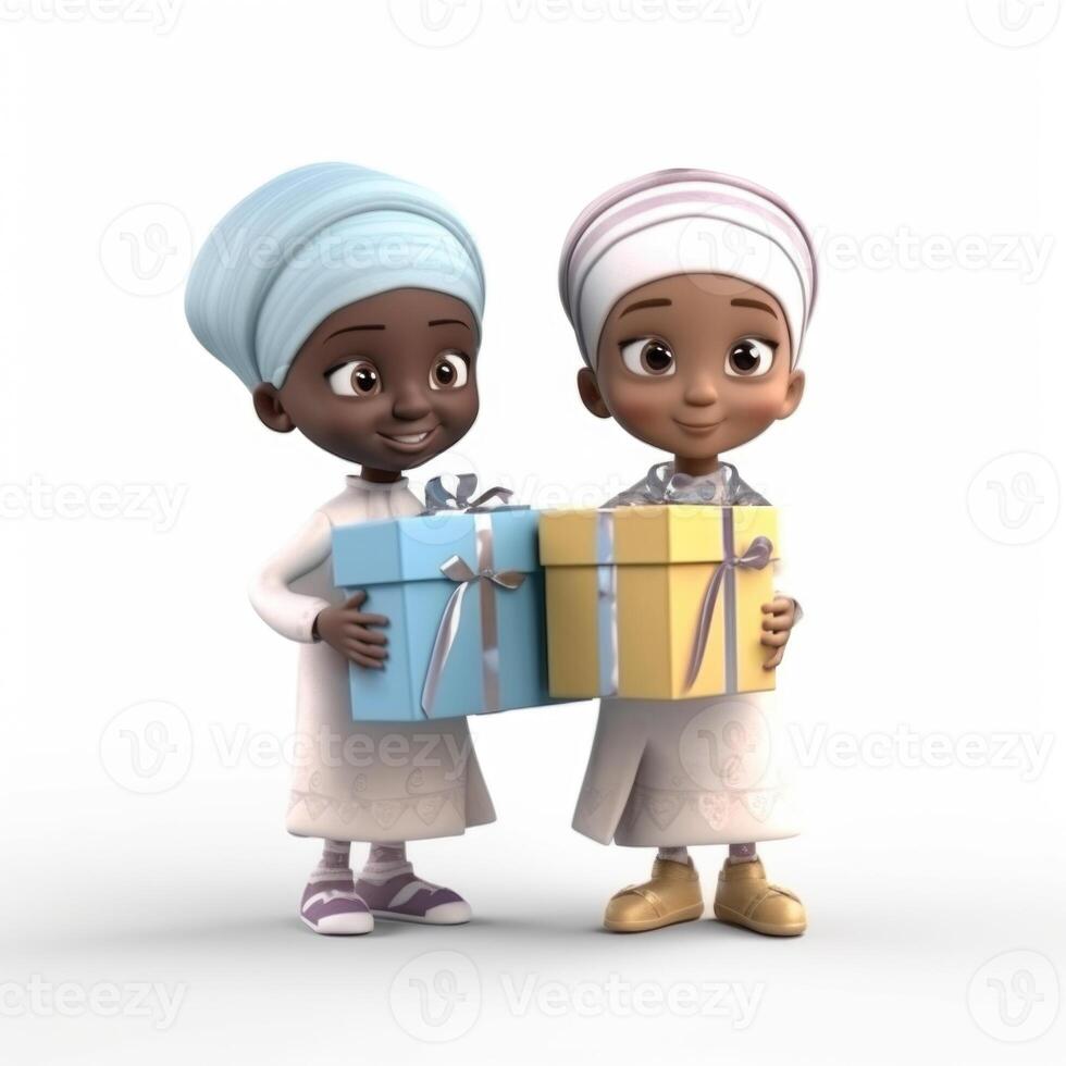 adorável Disney estilo avatar do tradicional vestuário africano crianças segurando presente caixas. eid ou Ramadã Mubarak conceito, generativo ai. foto