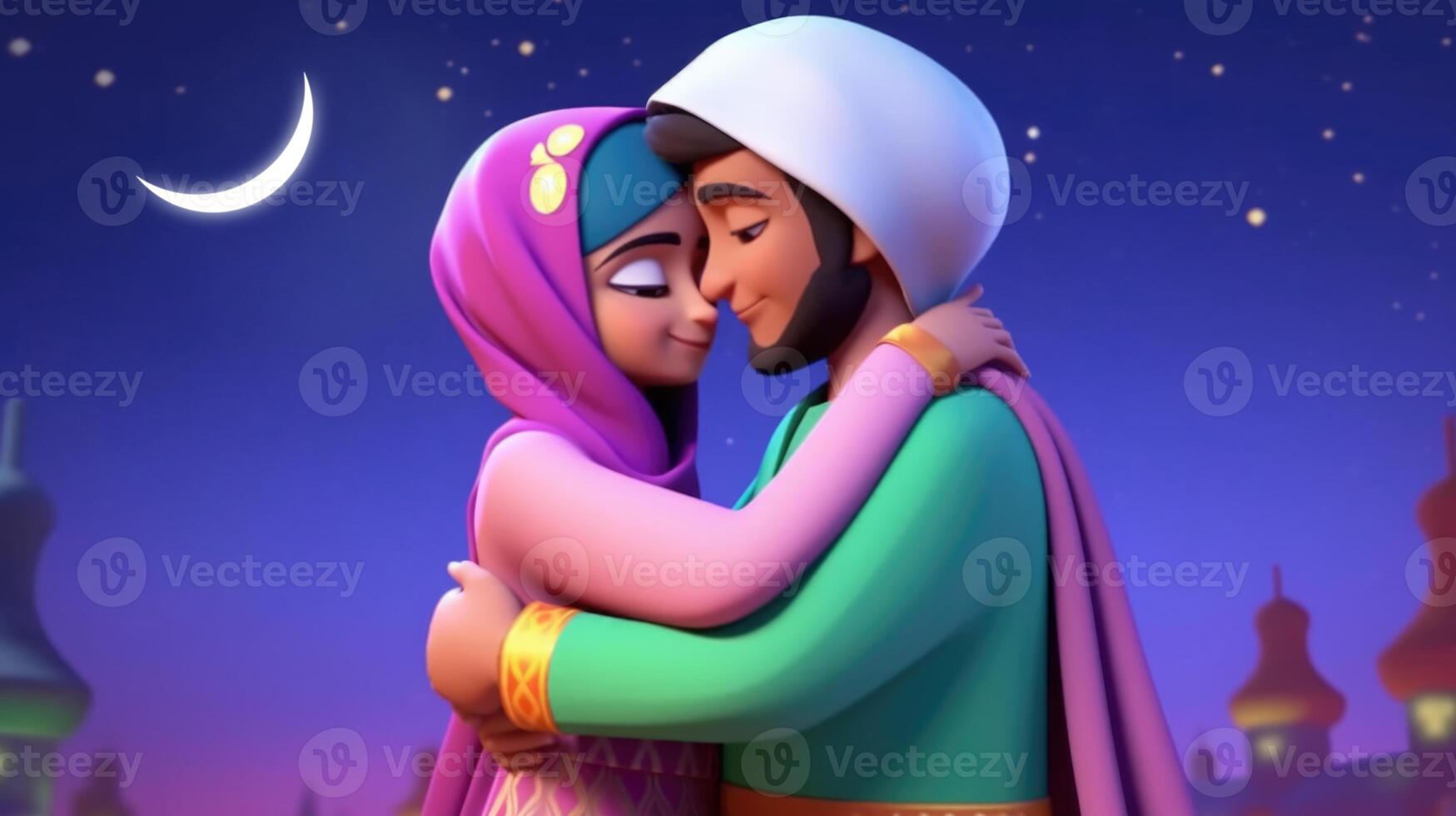adorável desenho animado avatar do abraçando muçulmano casal cada de outros dentro crescente noite. eid Mubarak conceito, generativo ai. foto