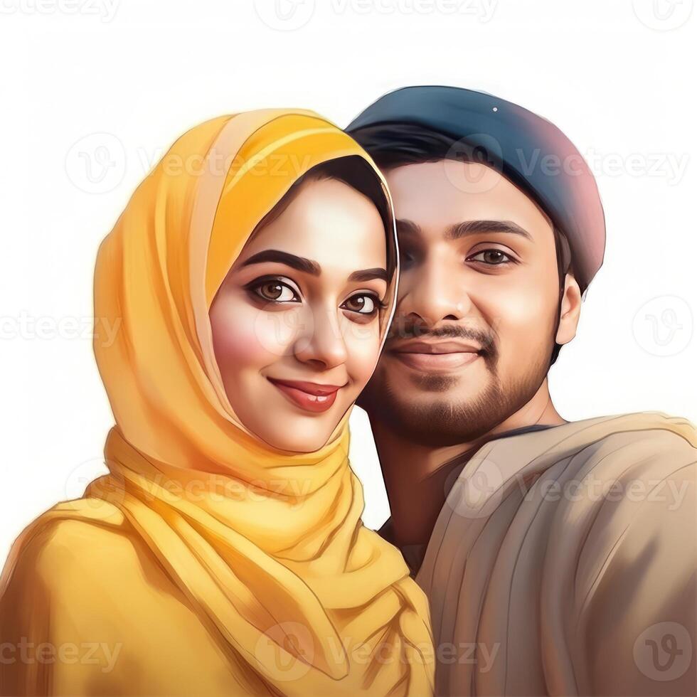 realista retrato do jovem muçulmano indiano casal vestindo tradicional traje, generativo ai. foto