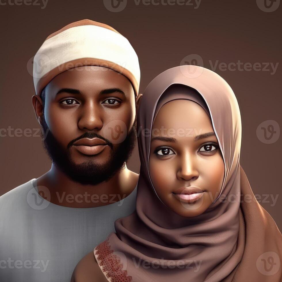 realista retrato do jovem muçulmano africano casal vestindo tradicional traje, generativo ai. foto
