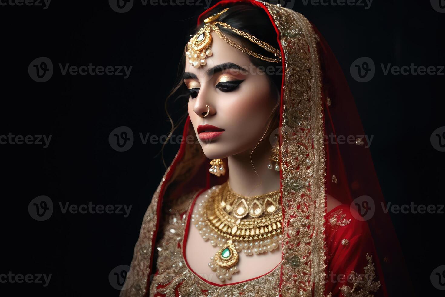 retrato do lindo indiano noiva vestindo tradicional vermelho Lehenga com pesado ouro joalheria durante a casamento cerimônia, generativo ai. foto