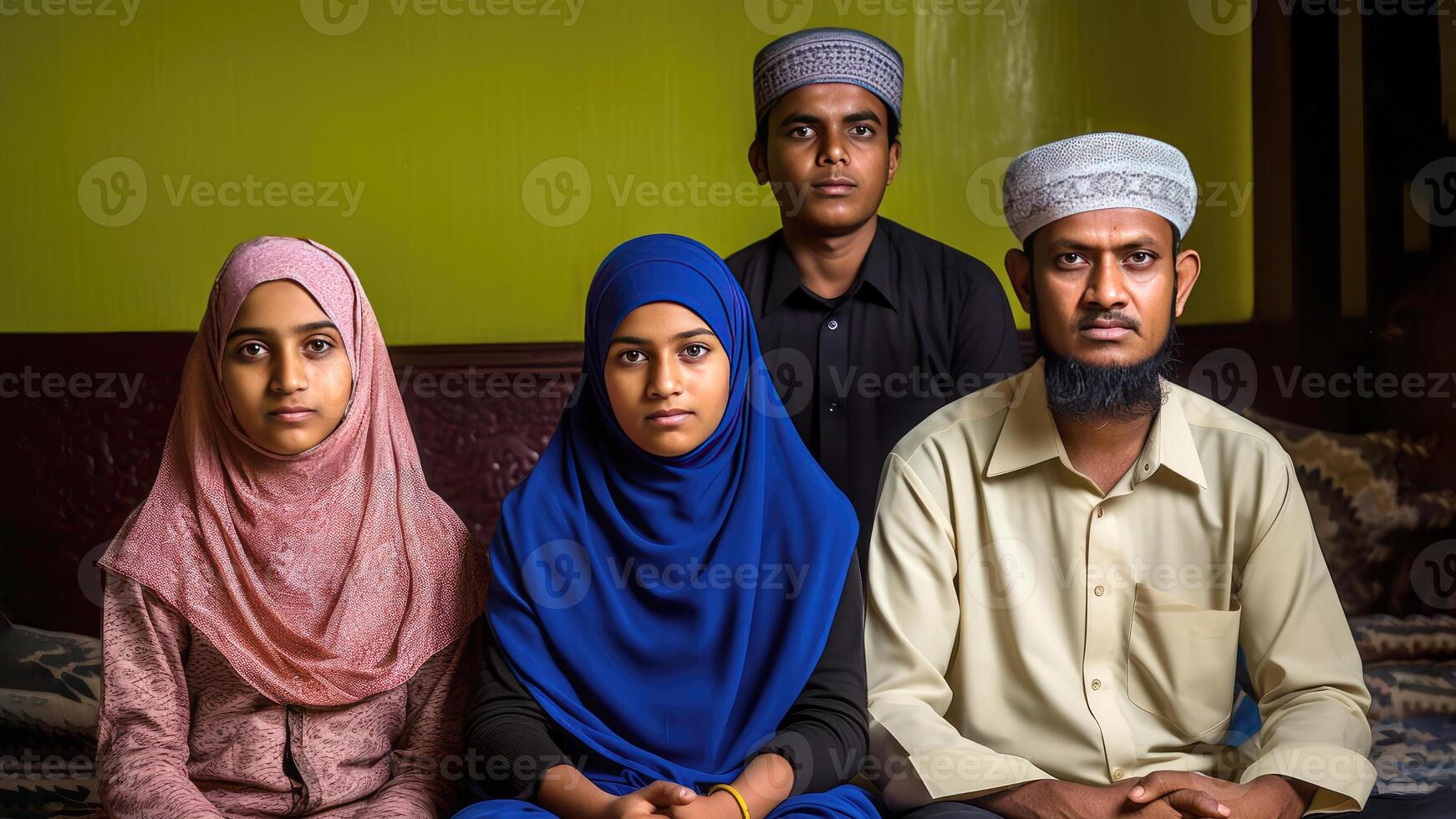 realista retrato do muçulmano família vestindo tradicional vestuário às sala, eid celebração conceito, generativo ai. foto