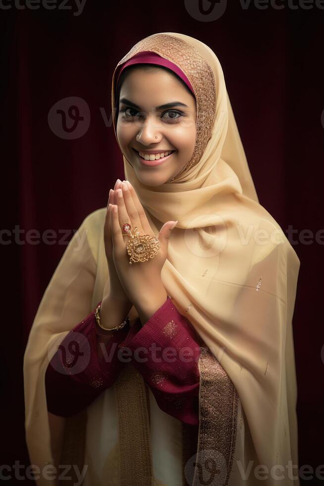 feliz muçulmano mulher personagem vestindo hijab dentro cumprimento ou bem-vinda pose, eid mubarak, generativo ai. foto