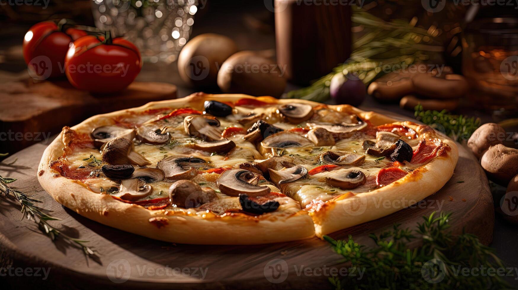 recentemente cozido cogumelo e Oliva pizza com ingredientes em rústico de madeira mesa. cozinhando fotografia generativo ai. foto