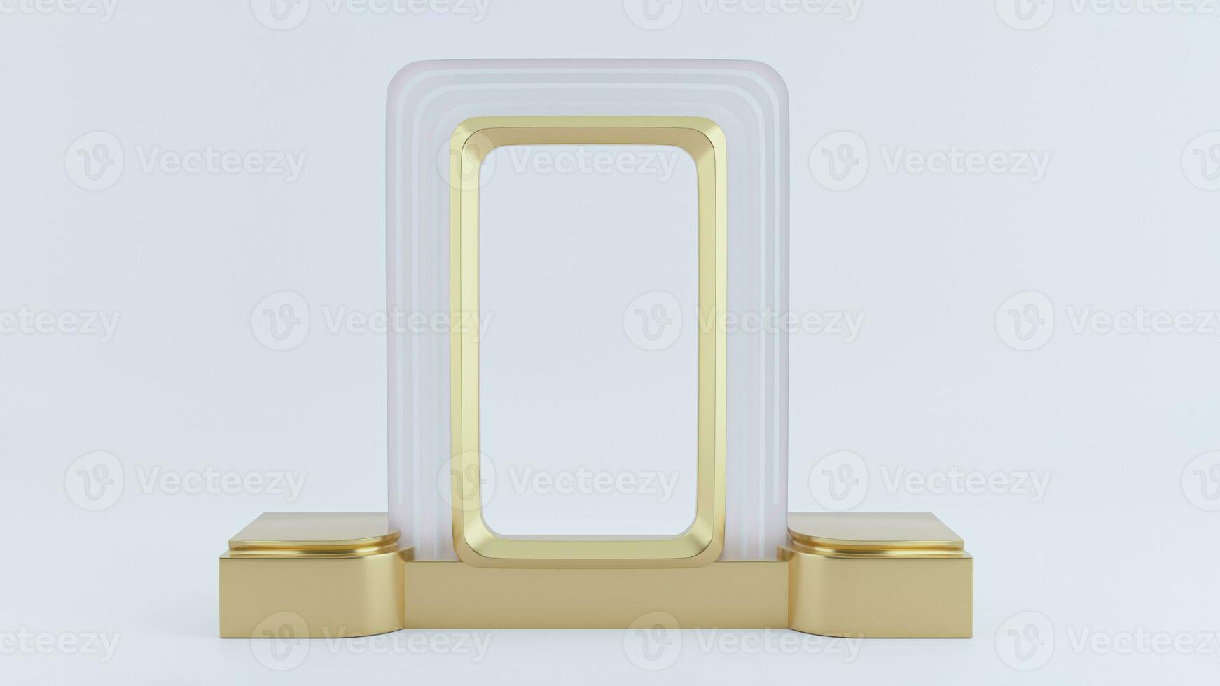 3d render do dourado e vidro retângulo quadro, Armação ou produtos exibição em pódio brincar. foto