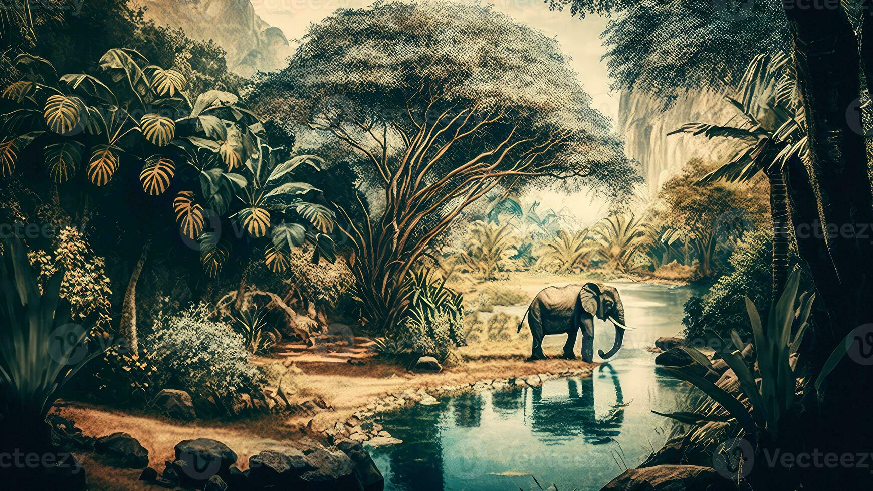 aguarela estilo papel de parede panorama em a africano tropical selva com árvores Próximo para uma rio elefantes e pássaros. ai-generativo, digital ilustração. foto