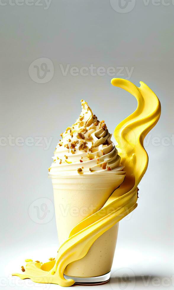 delicioso Grosso cremoso banana milkshake dentro uma vidro com açoitado creme e amarelo respingo em branco fundo. Comida e bebidas conceito. ai-generativo, digital ilustração. foto