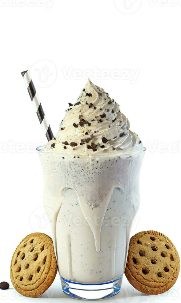 delicioso biscoitos cremoso milkshake dentro uma vidro com chocolate bolacha e açoitado creme, biscoitos em branco fundo. Comida e bebidas conceito. ai-generativo, digital ilustração. foto