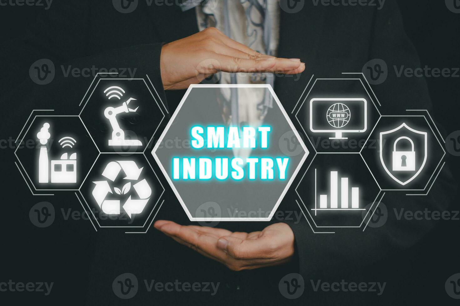 inteligente indústria 4,0 conceito, pessoa mão segurando inteligente indústria ícone em virtual tela, ai, artificial inteligência, automação robô braço, inteligente fábrica. foto