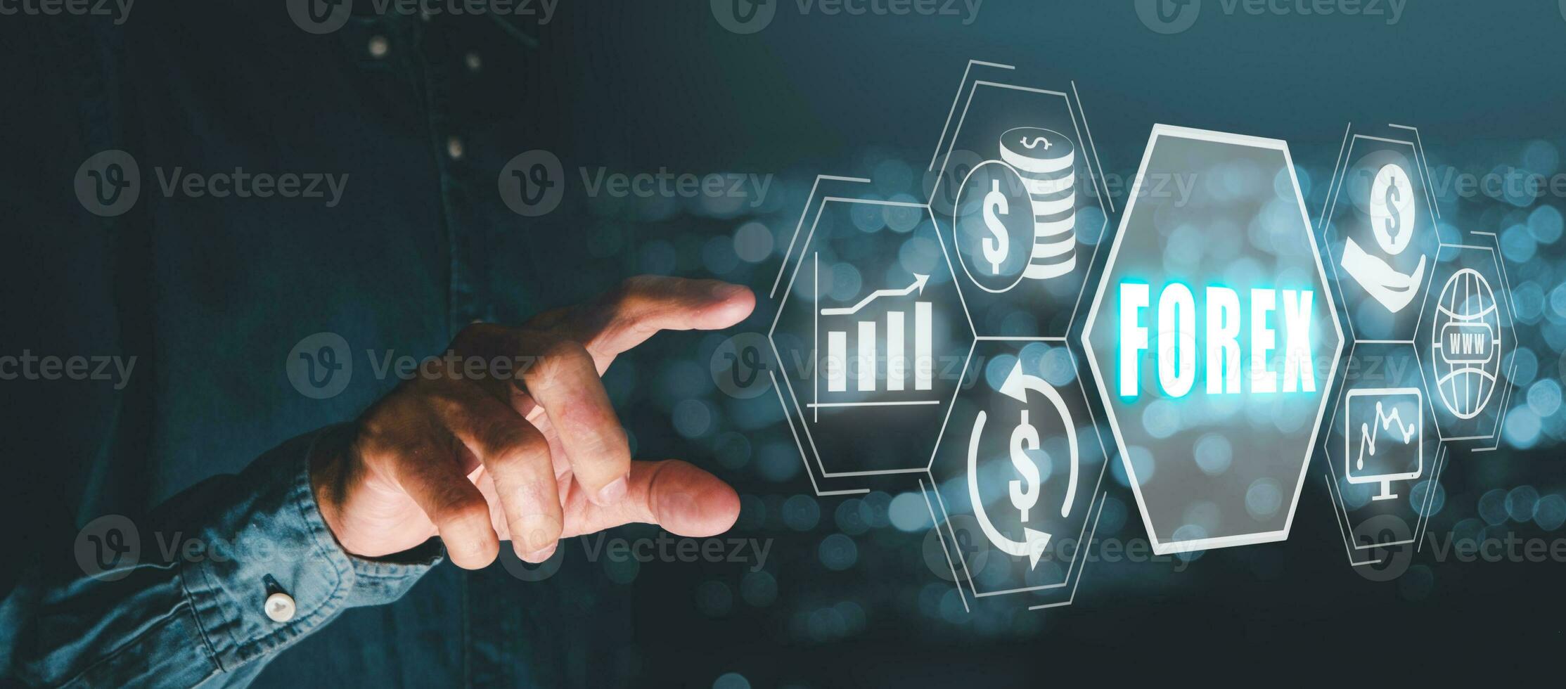 forex negociação, pessoa mão tocante forex ícone em vr tela com azul bokeh fundo, conectados investimento, negócios, Internet e tecnologia conceito. foto