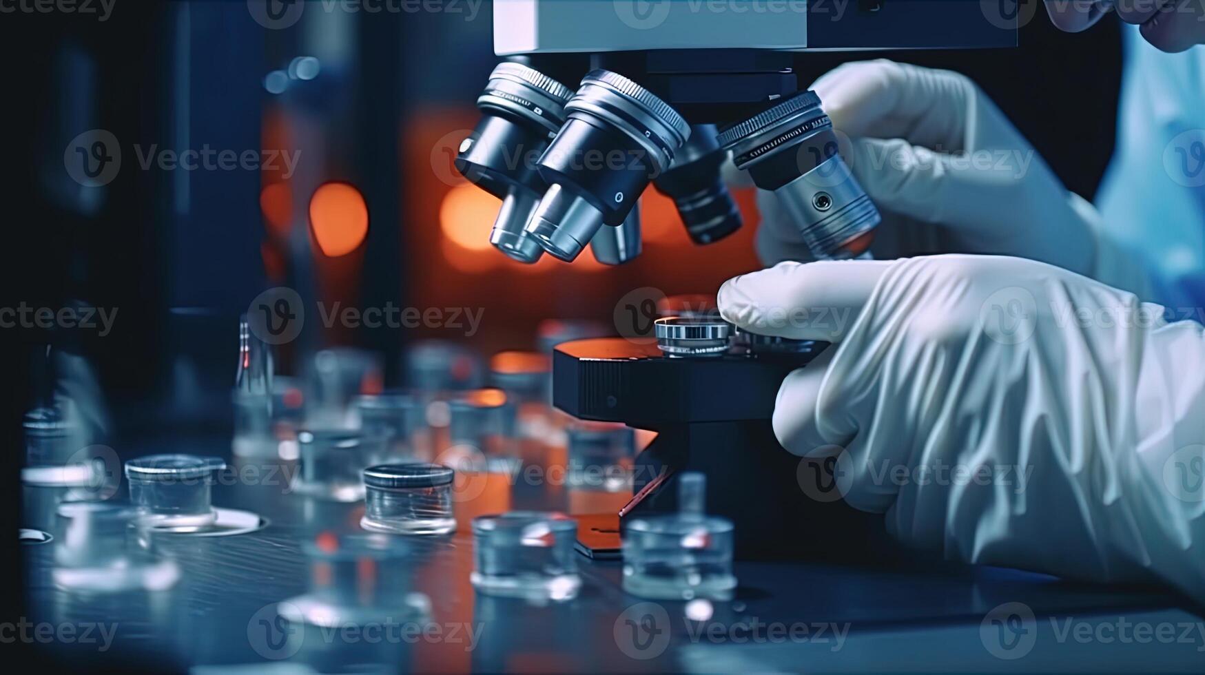 fechar-se do cientista mãos com microscópio, profissional médico examinando amostras às médico laboratório. conceito do científico e cuidados de saúde pesquisar. generativo ai tecnologia. foto