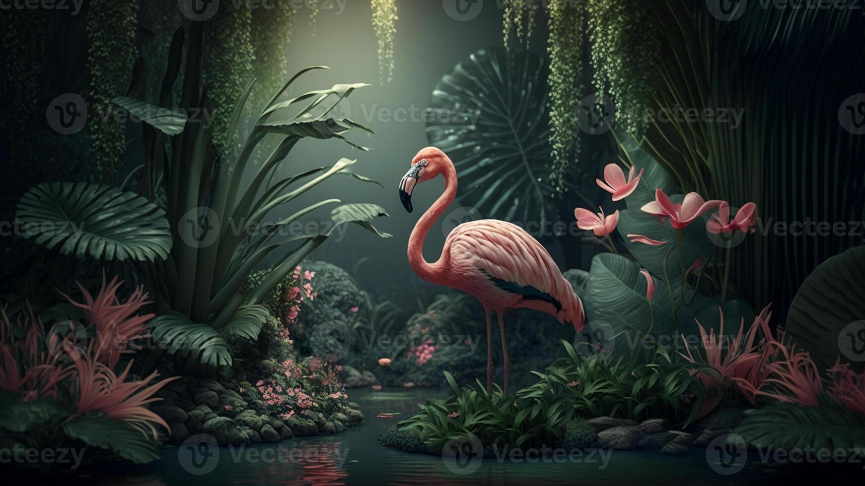 flamingo belas capturado dentro uma colorida, cheio de flores retrato, generativo ai. foto